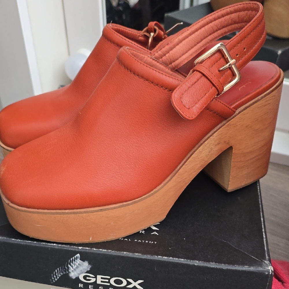 Charlotte Stone Orange Mules with Chunky Wooden Heel